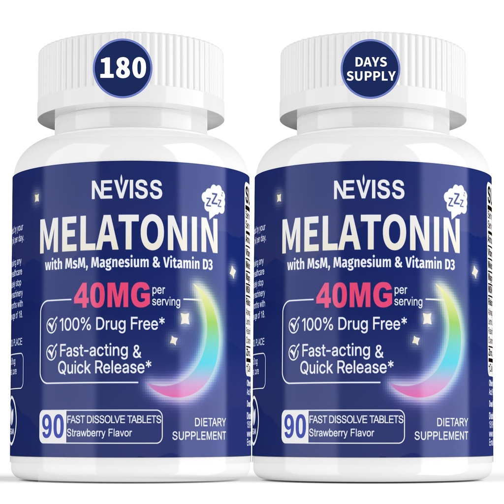 Melatonina 40 mg para adultos - Dissolve rápido " Suplemento de sueño sublingual Chewable - Melatonina de fuerza extra con vitamina D3 " MSM, ciclo de descanso para la salud, Zzzs profundos, libre de azúcar, 180 servicios
