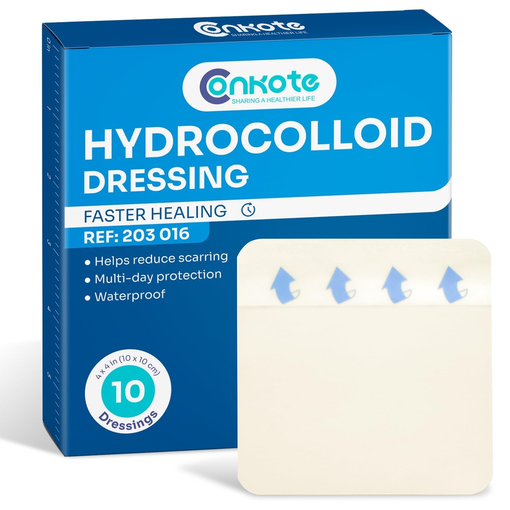 Conkote Hydrocolloid Wound Dressings 4”x 4” Ultra Thin Waterproof 10 Pack | Fast Healing Large Hydrocolloid Bandages for Acne Care, Blister and Minor Wounds
