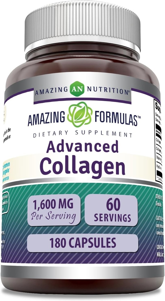 Amazing Formulas Advanced Collagen Supplement tención Collagen Type I, II & III, with Vitamin C & Hyaluronic Acid  1600 Mg Per Serving Silencio 180 Capsules ← Non-GMO  Gluten-Free TEN Made in USA
