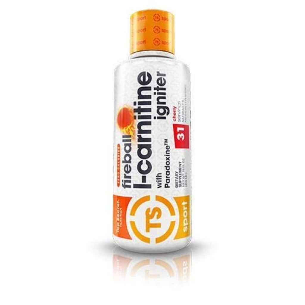 Top Secret Nutrition Fireball Liquid L-Carnitine with Paradoxine ← Stim Gratis ← Gestión de pesas, energía, " Ejercicio Rendimiento ← 16 Ounces, 21 Servings (Cherry)