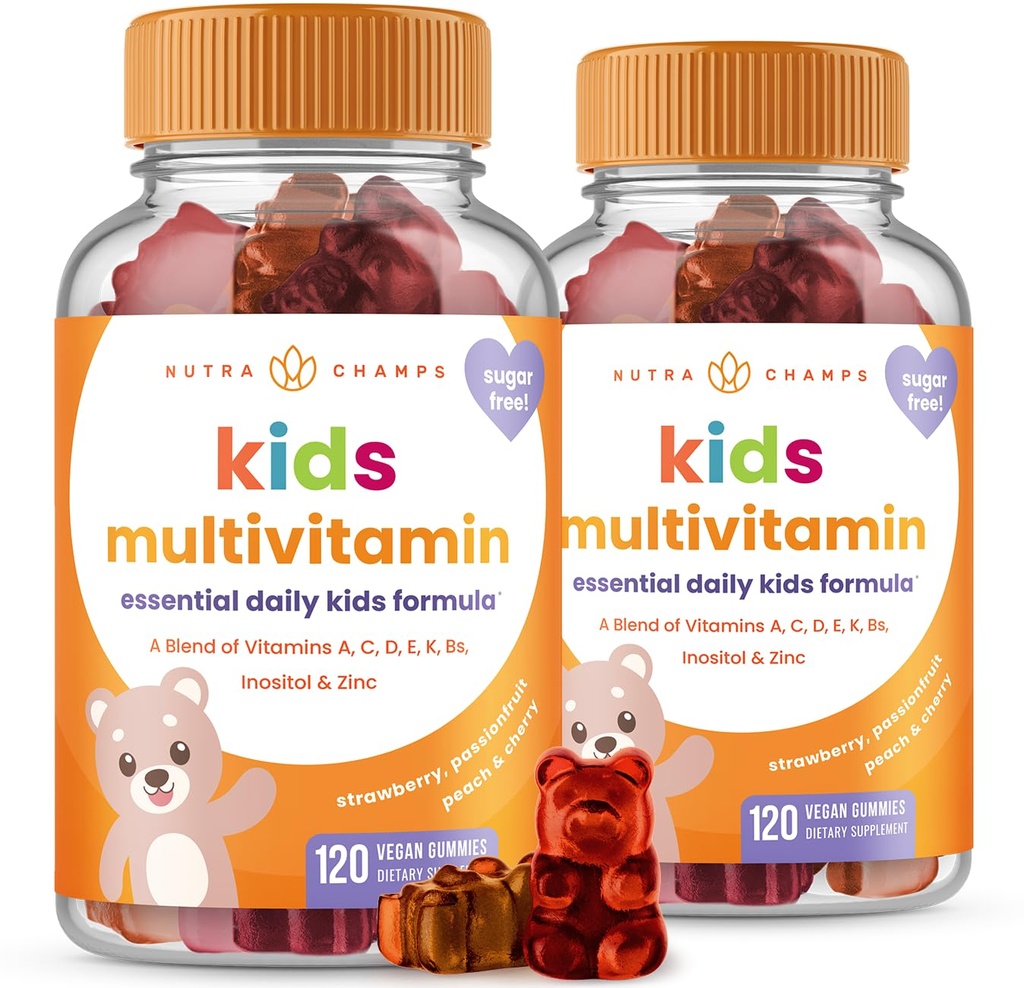 NutraChamps 120 Gummy Vitaminas para Niños (Pack of 2), Azúcar Gratis Vitaminas Gummy Multivitamin, Vegan &amp; Non-GMO, Fresa, Pasionfruit, Peach & Cherry