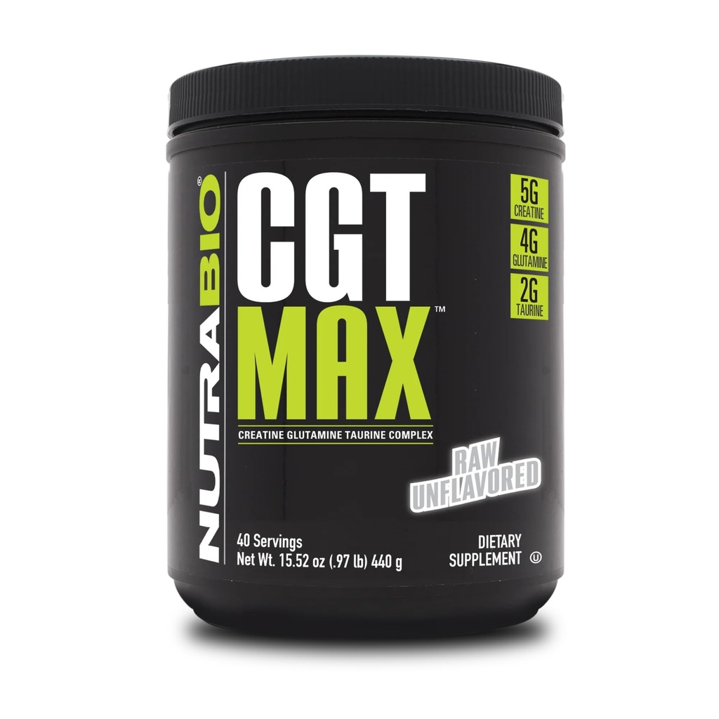 NutraBio CGT-MAX Powder- Creatine, Glutamine y Taurine para apoyar la recuperación del músculo y la fuerza - 40 Servimientos - Desarrollado