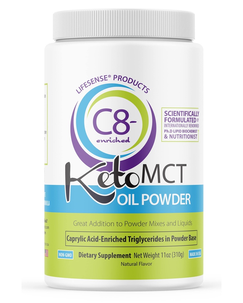 LifeSense C8 enriquecido MCT Oil Powder Unflavored Sourced from Coconut Oil, Keto-Friendly, Desarrollado por PhD Nutrition en EE.UU., Optimal Fuel for The Brain and Body