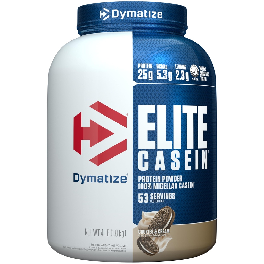 Dymatize Elite Casein Protein Powder, Cookies " Cream, 100% Micellar Casein, 25g Protein, 5.4g BCAAs, 2.3g Leucine, Abanderamiento lento para la recuperación del músculo durante la noche, 4 lb (53 Servimientos)