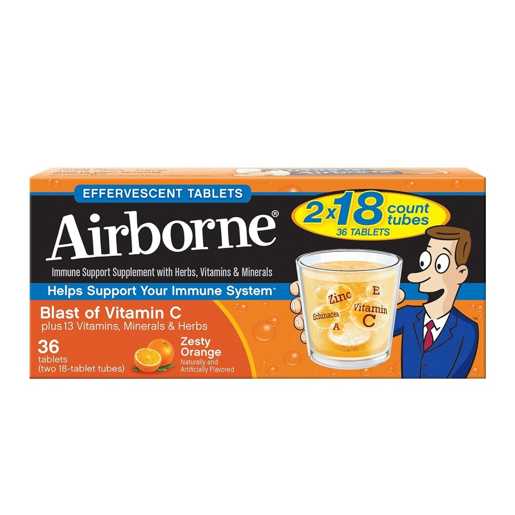 Vitamina C 1000mg (por servicio) - Airborne Zesty Orange Effervescent Tablets (36 cuentan en una caja), Gluten-Free Immune Support Suplemento y Alto en Antioxidantes