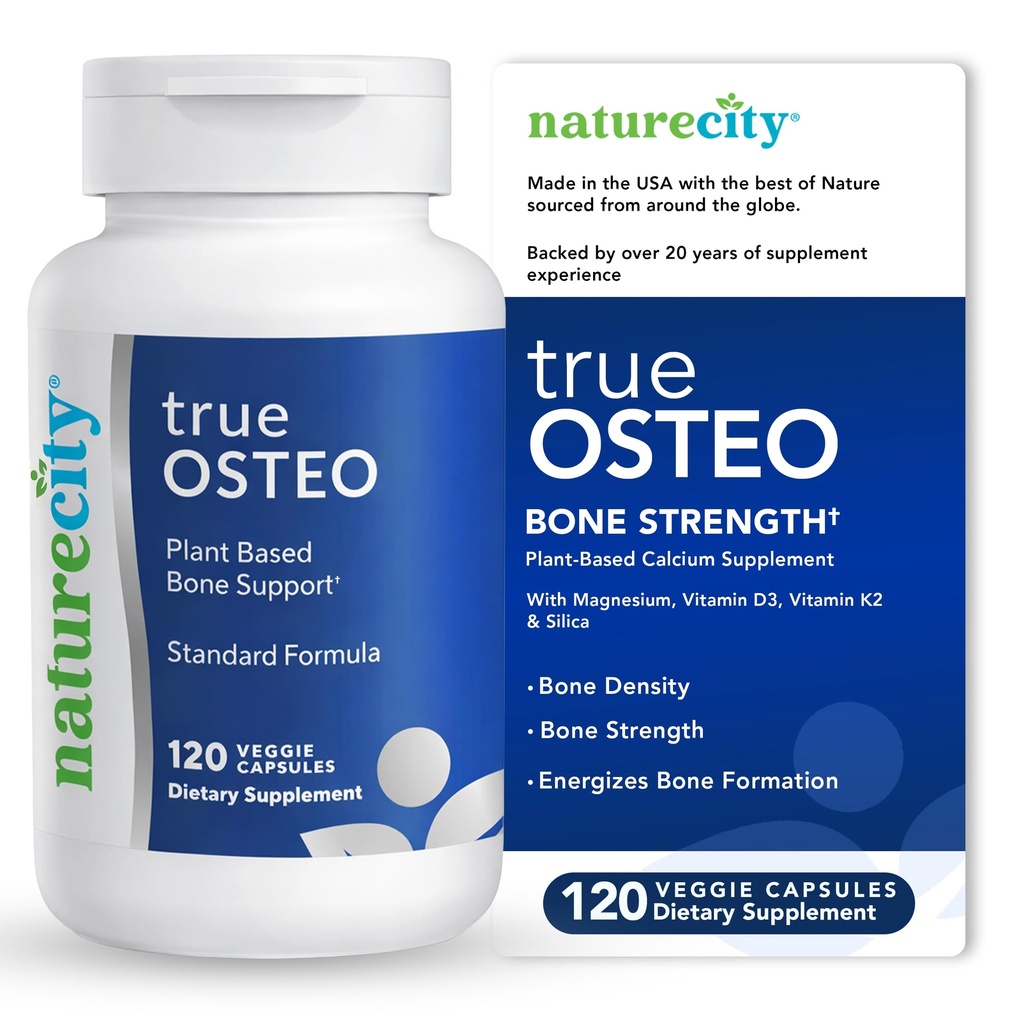 NatureCity True-Osteo Plant-Based Supplement for Bone Strength ← AlgaeCal Calcium &amp; Magnesium, Plant-Based Vitamin D3, Vitamina K2, Silicio Sobre Stomach (120 Veggie Capsules)