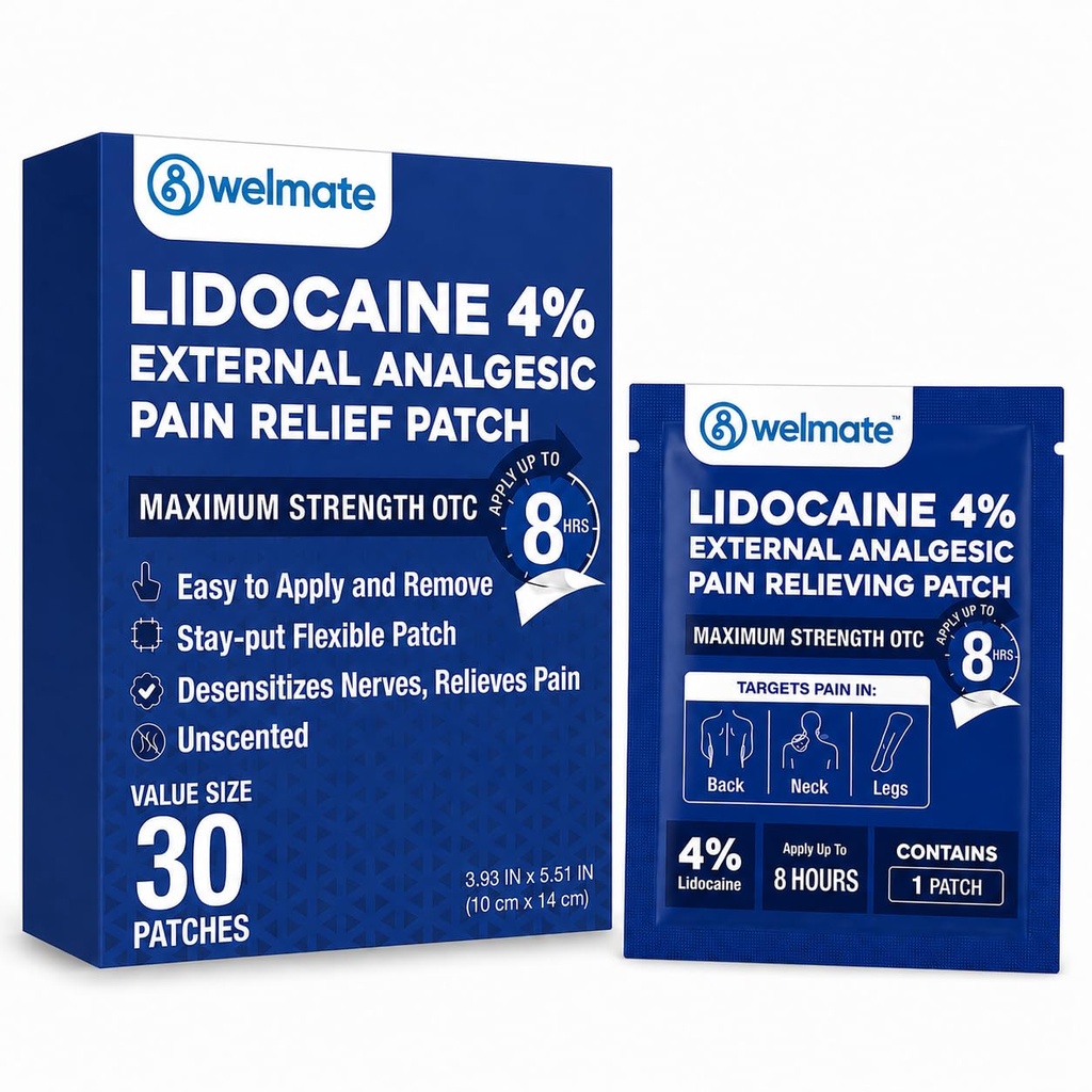 WELMATE - 4% Lidocaine Numbing Patch - Maximum Strength - Temporary Relief of Pain, Back, Neck, hombros, rodillas, codos, esquíes menores Irritations - Analgésico tópico Descentrado - 30 ct