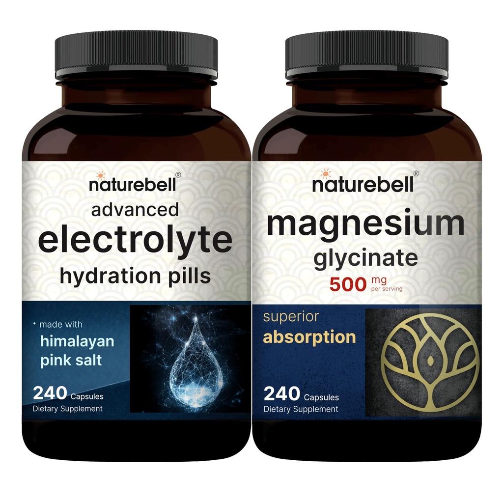 NatureBell Magnesium Glycinate Capsules 500mg &amp; Advanced Electrolyte Hydration Pills Bundle Pack