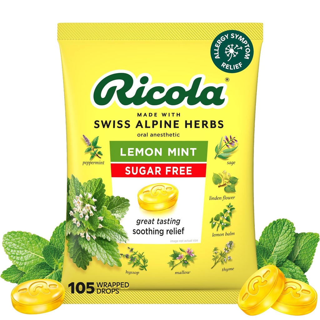Ricola Sugar Free Lemon Mint Herbal Cough Suppressant Throat Drops, bolsa 105ct