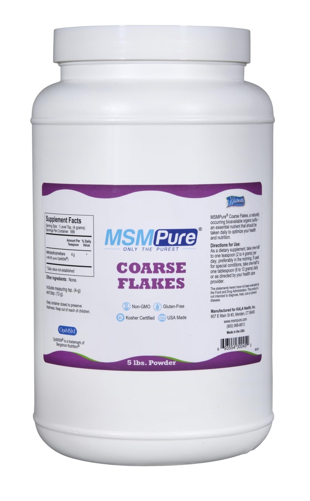 KALA HEALTH MSMPure Coarse Flakes MSM Powder – US-Made MSM for Joint Health, Skin Appearance y Hair & Nail Support – 5 lb, Organic Sulfur