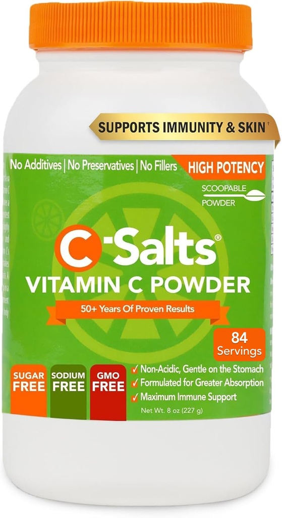 C-Salts Vitamina C Powder Suplemento - 100% Pure High Dose Buffered Vitamin C Powder para Immune Support - Organic, Sugar-Free, Vegan, Non-GMO, Stomach-Friendly, Original 8 oz