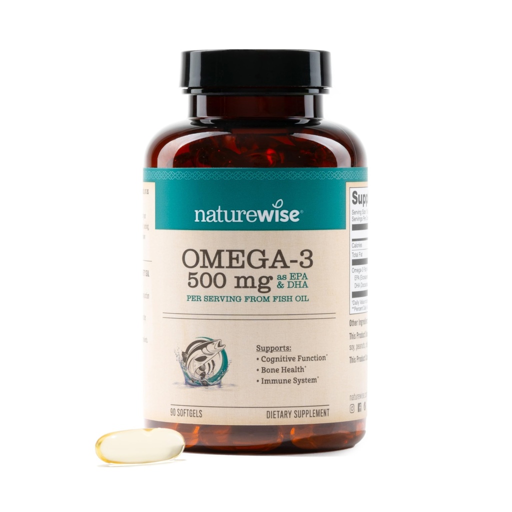 NatureWise Omega 3 Fish Oil - 500 mg por Pill - EPA & DHA - Immune Support, Brain Health &amp; Optimal Wellness - Gluten and Soy Free, Non-GMO - 90 Softgels[3-Month Supply]