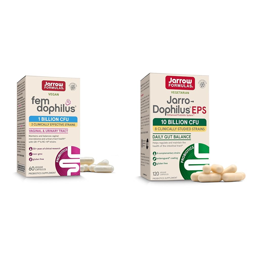 Jarrow Formulas Probióticos Agrupar con Fem-Dophilus 1 billón CFU y Jarro-Dophilus EPS 10 billón CFU, 180 cápsulas vegetales