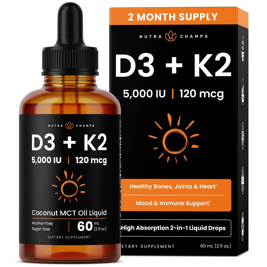 NutraChamps Vitamina D3 K2 gotas, Vitamina Líquida D3 5000 UI & K2 D3 con MK7, gotas de vitamina D para niños, huesos, corazón &amp; salud inmunológica, vitamina Líquida D en aceite MCT para una mejor absorción