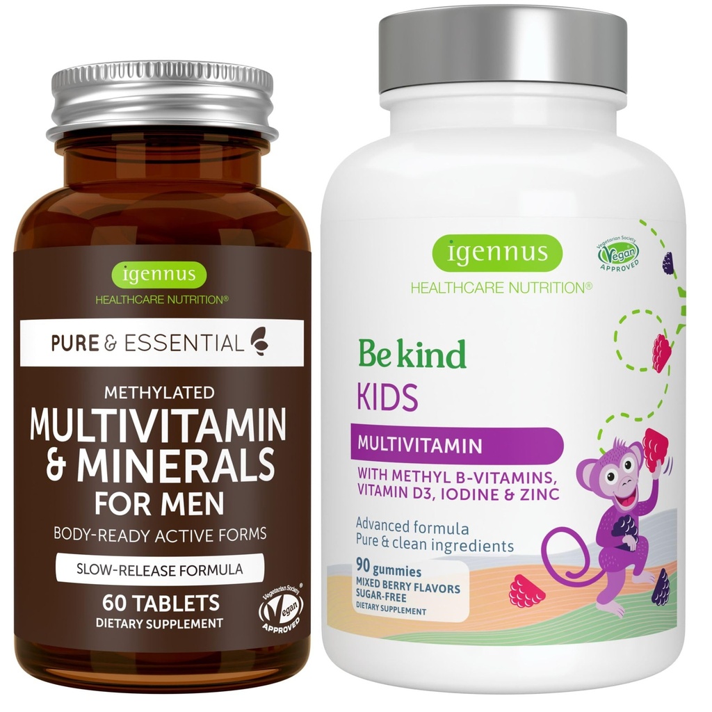 Multivitamina &amp; Minerales para Hombres + Advanced Kids Multivitamin Gummy Vegan Bundle, with Methylated B-Vitamins, Vitamina A, C, D3 &amp; E, Clean Label, 60 Tablets + 90 Berry Flavor Gummies, por Igennus