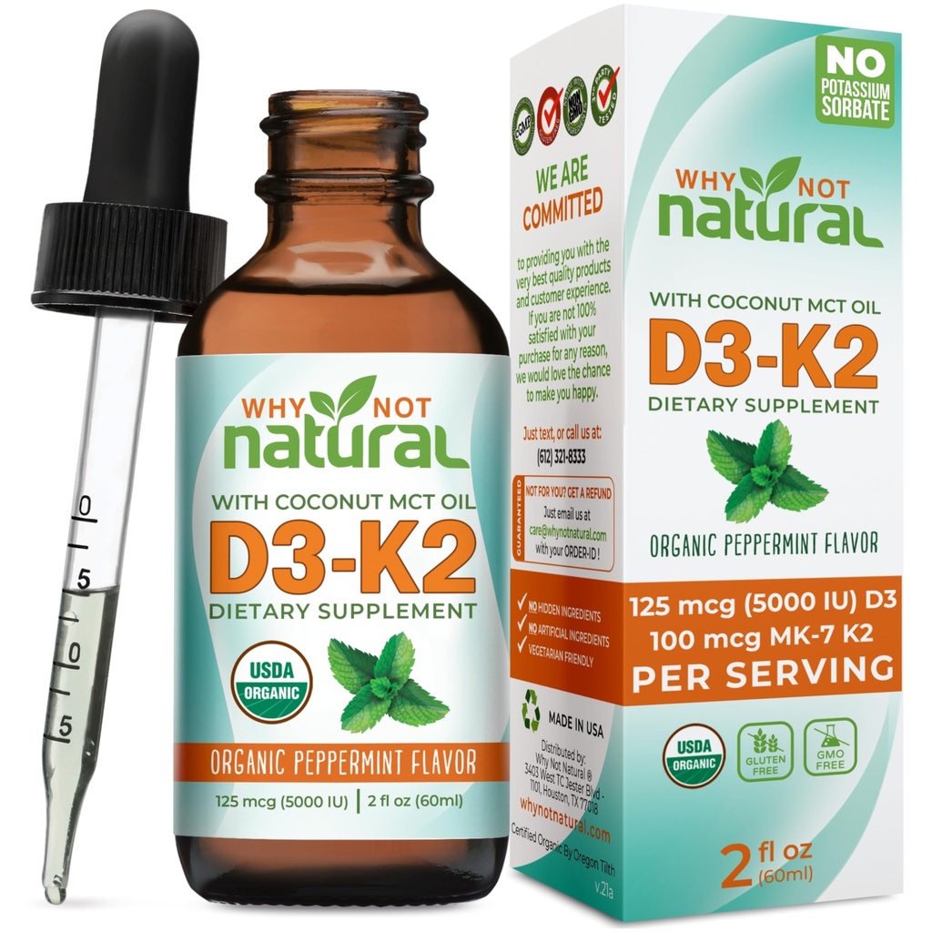 Por qué no la vitamina orgánica natural D3 K2 (MK-7) gotas líquidas, 5000 UI de D3 sublingual con aceite de MCT de coco, para huesos fuertes y dientes, corazón y apoyo inmunológico