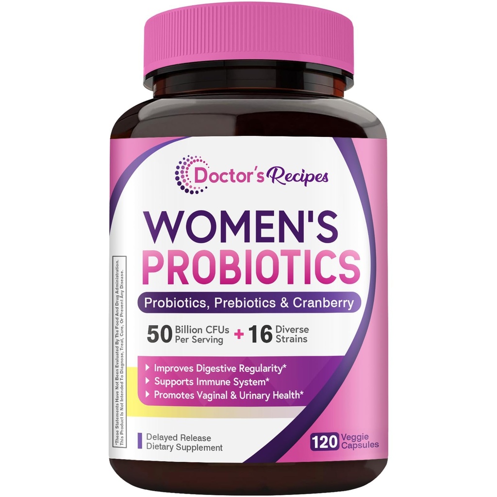 Recetas del doctor Probiótico de Mujeres, 120 Caps 50 Billion CFU 16 Strains, con Arándano Orgánico, Vaginal Inmunitario Digestivo &amp; Salud urinaria, Estable de Estante, Delayed Release, No Soy Gluten Dairy