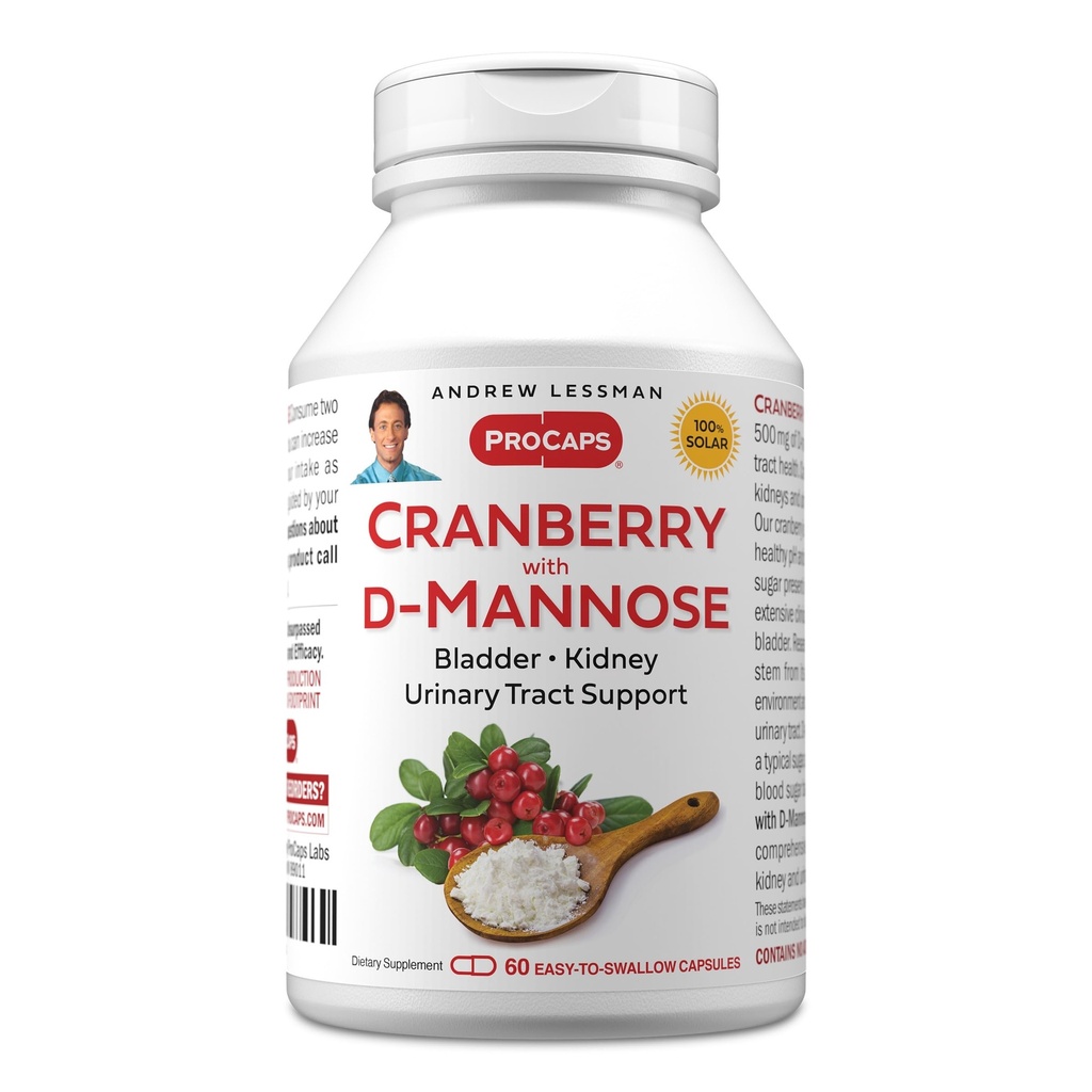 ANDREW LESSMAN Cranberry with D-Mannose - 60 Capsules - Supports Bladder, Kidney and Urinary Tract Health. Concentrado de arándanos estandarizado de alta potencia y D-Mannose. Cápsulas fáciles de absorber