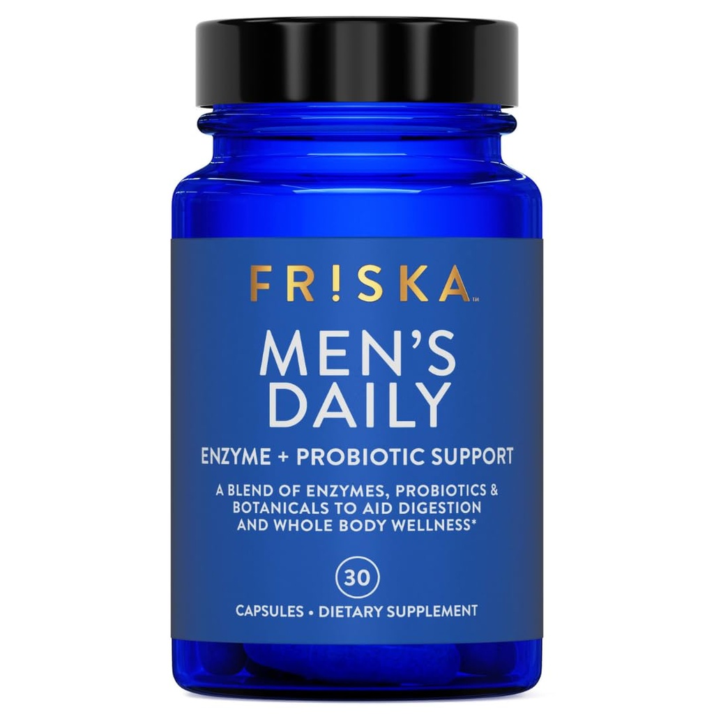 Friska Men’s Daily - Digestive Enzymes, Bloating, Probiotics to Help Break Down Foods, Supports Gut Health, Energy & Nutrient Absorption with Vitamins B6 & B12, 30 Capsules, Packaging May Vary