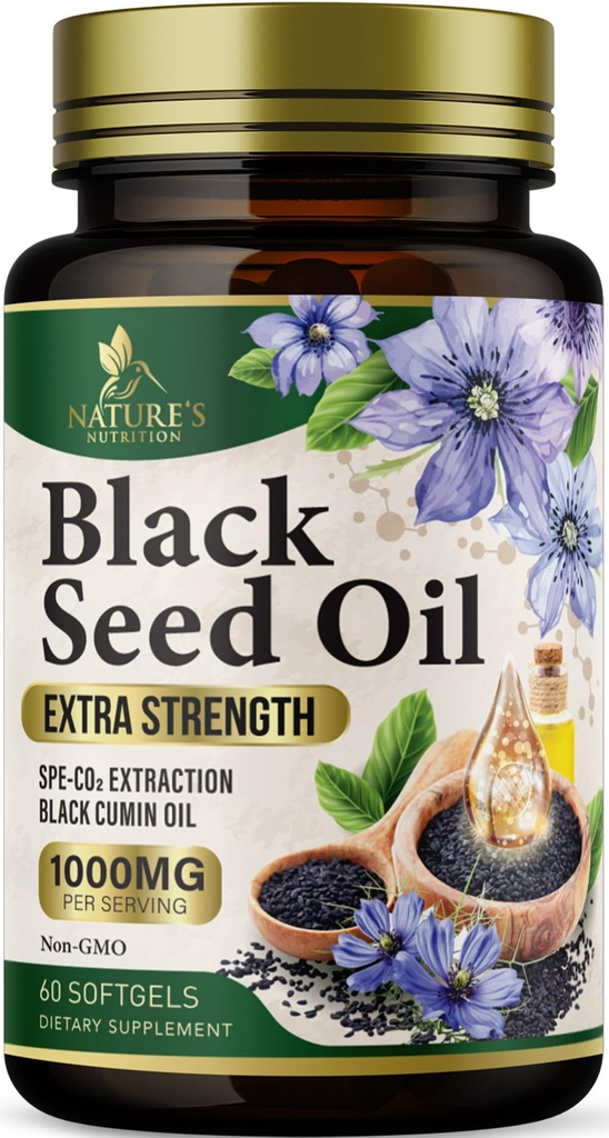 Black Seed Oil Softgels 1000mg - Premium Nigella Sativa Blackseed, Pure Natural Black Cumin Seed Oil & Antioxidant for Skin & Immune Support - Non GMO, Bottled in USA Suplemento - 60 Softgels