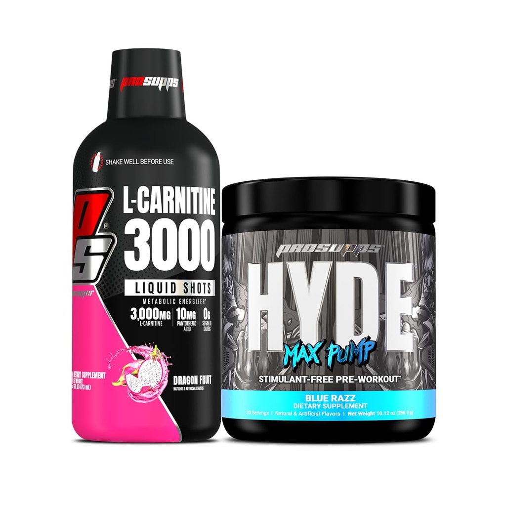 PROSUPPS L-Carnitine 3000 Stimulant Free Liquid Shots (31 Servings, Dragon Fruit) y Hyde Max Pump Pre Workout para Hombres y Mujeres (20 Servings, Blue Razz) Bundle