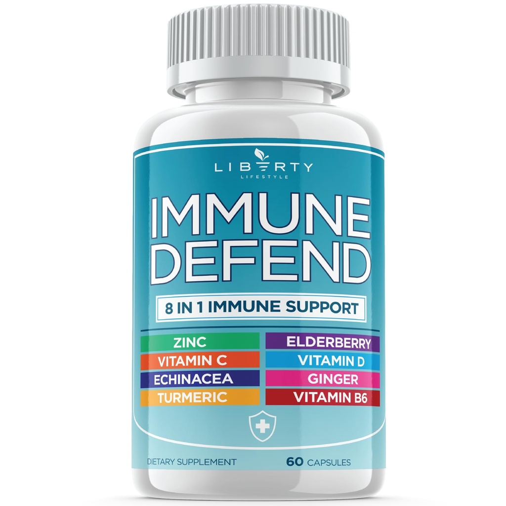 8 en 1 Apoyo a la Defensa Inmunitaria, Suplemento de cápsulas de inmunidad con Echinacea Zinc 50mg, Vitamina C, D3 5000 UI, Curcumina Turmérica &amp; Ginger, Echinacea - para adultos niños (1 Pack)