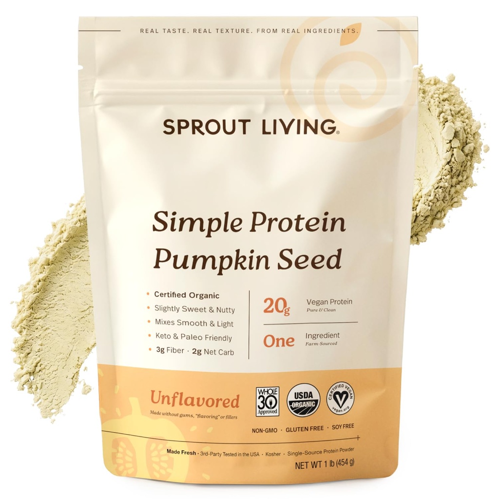 Sprout Living Pumpkin ecológica Pumpkin Seed Protein Powder, Desflavorado, 20 Gramos de polvo de proteína vegetal sin dulces artificiales, no lácteos, no OMG, Vegan, Gluten Free (1 libra, 15 servidos)