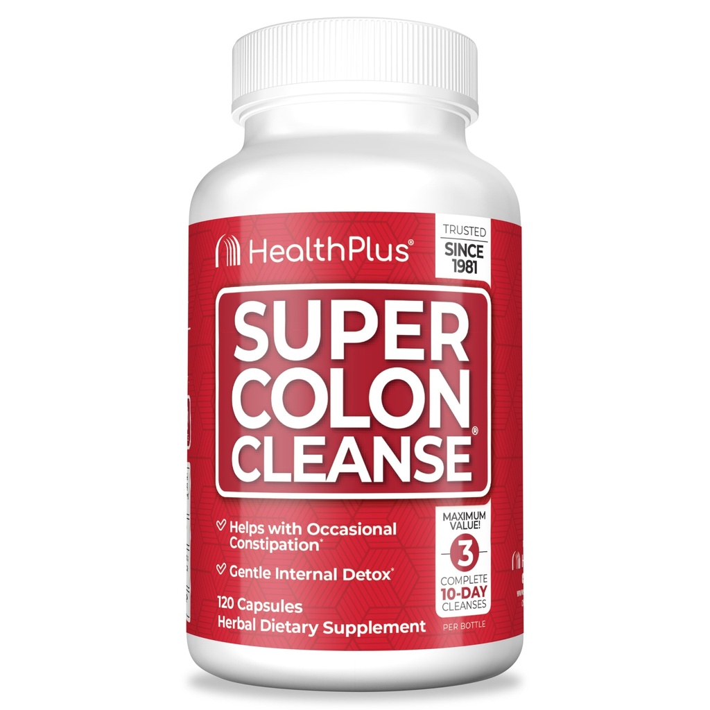 Health Plus Super Colon Cleanse 30 Day Supply of Gentle Gut Cleanse Detox, Psyllium Husk, Probiotics for Constipation Relief " Digestive Support, 120 Capsules