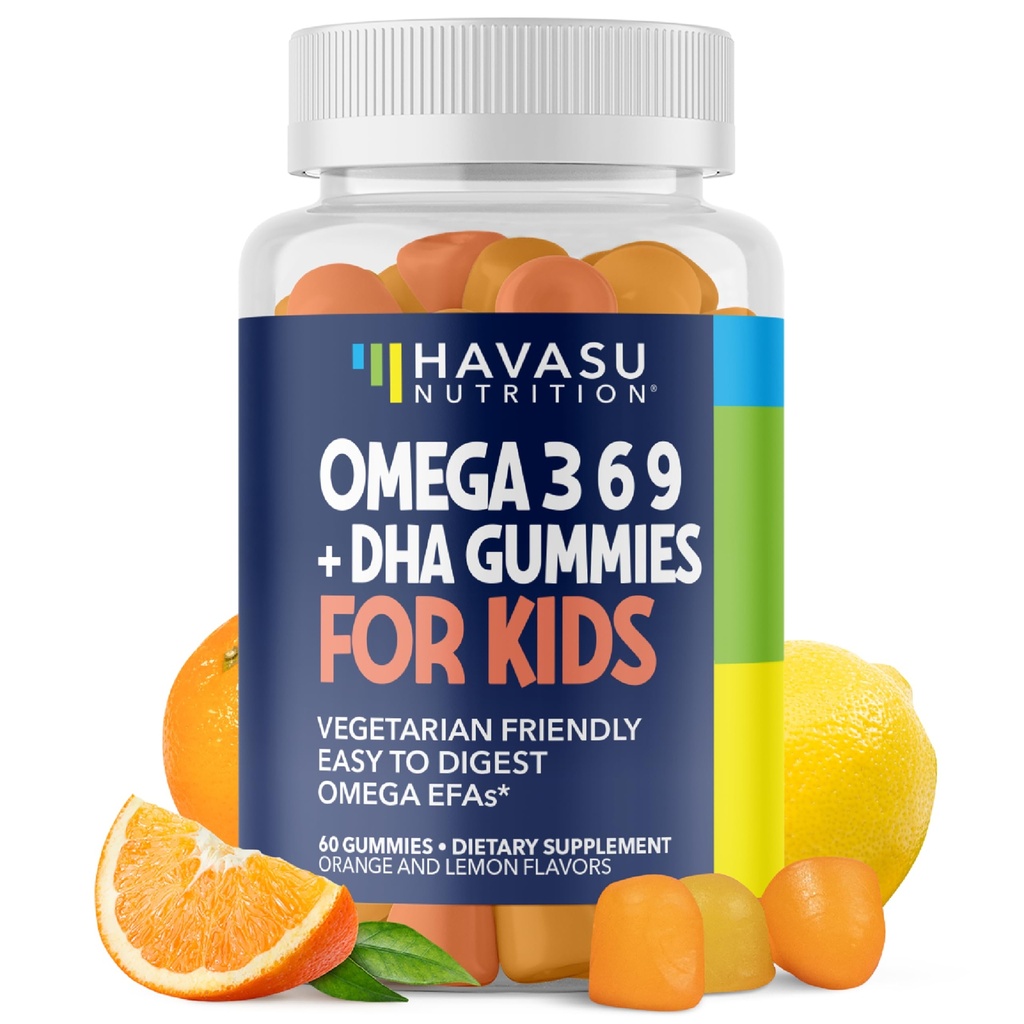 Omega 3 6 9 + DHA Gummies for Kids - Aceite de pescado vegetal con DHA y EPA para niños 2+ para apoyar el desarrollo corporal y cerebral - No Fishy Taste - Lemon and Orange Flavors - 60 Conde