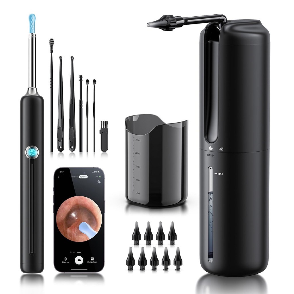 Ear Wax Removal - Electric Ear Irrigation Flushing System con 4 modos de presión, Ear Cleaner con Cámara, Otoscopio 1080P, Ear Cleaning Tool con 7 Pcs Ear Set, Safe and Effective Earwax Removal Kit