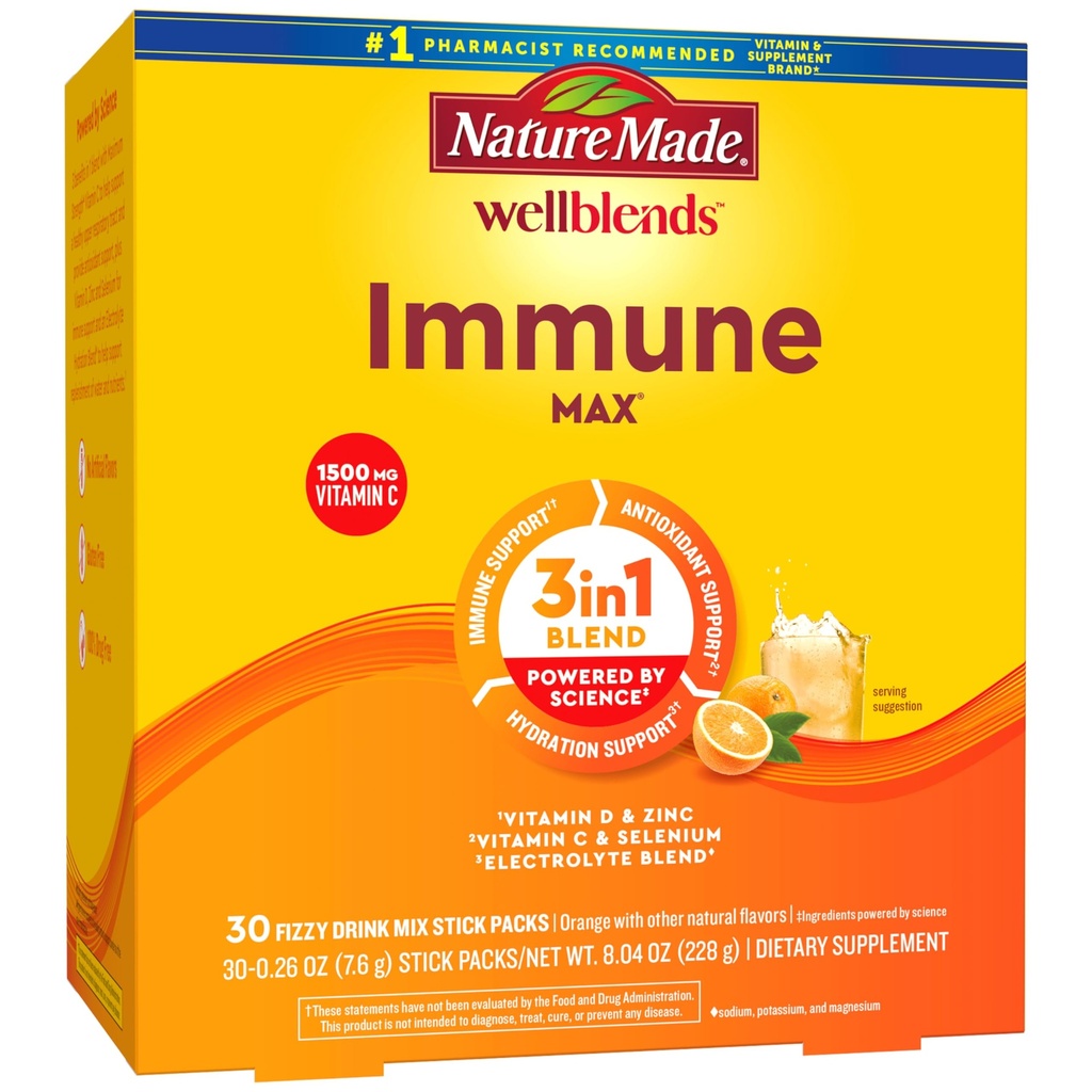 Nature Made Wellblends ImmuneMAX Fizzy Drink Mix, Vitamina C 1500mg, Zinc 15 mg, Vitamina D3 1000 UI (25 mcg), más vitaminas B y electrolitos Hydration Blend, 30 Stick Packs