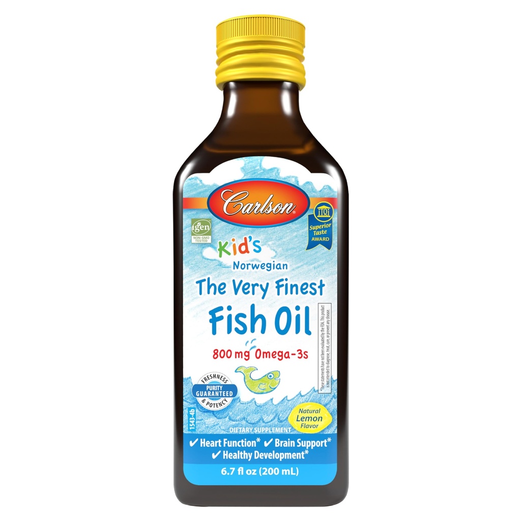 Carlson - Kid's The Very Finest Fish Oil Liquid, 800 mg Omega-3, Norwegian, Wild-Caught Fish Oil, Omega 3 Liquid for Kids, Sustentably Sourced, Lemon, 200 ml