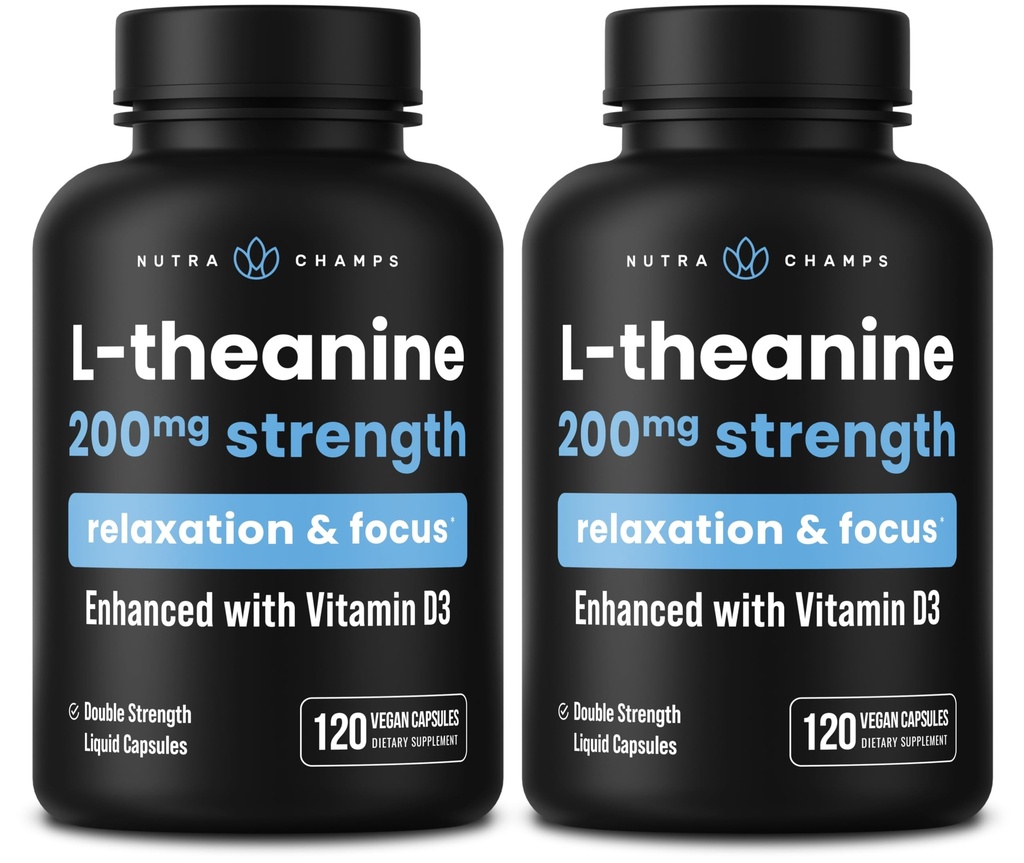 NutraChamps L-Theanine 200mg cápsulas, L-Theanina de doble resistencia líquido con vitamina D3, aceite de coco orgánico, 120 cápsulas veganos (Pack of 2)