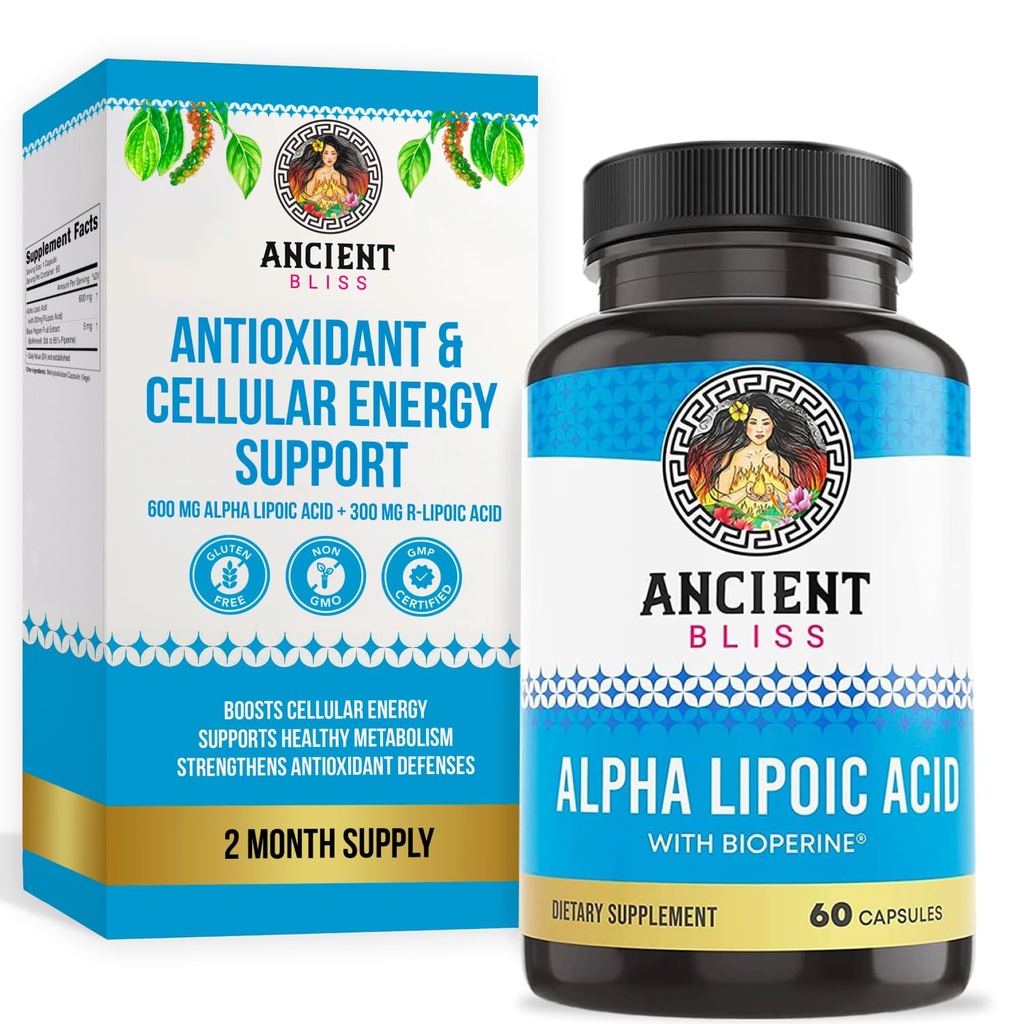 Bliss Alpha Lipoic Acid Supplement, Antioxidant and Energy Support, ALA Supplement with Bioperine, No Gluten and Soy, 600mg per Serving, 60 Vegan Capsules