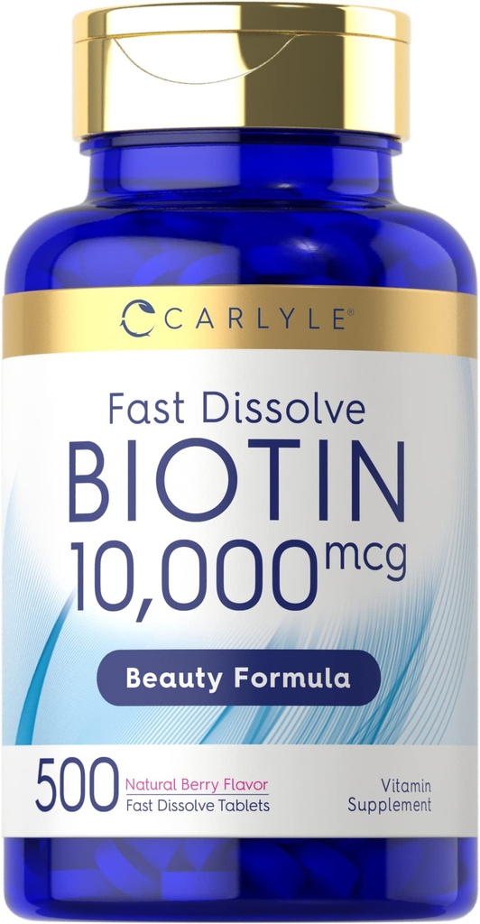 Carlyle Biotin 10,000mcg ← 500 Fast Dissolve Tablets  durable for Hair, Skin, and Nails ← Maximum Strength ANTE Vegetarian, Non-GMO, Gluten Free Supplement