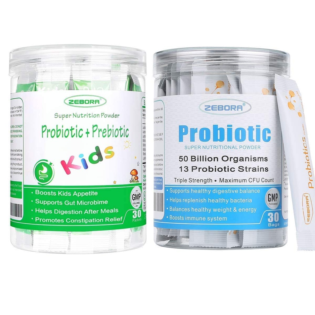 Probióticos ZEBORA para Mujer, Hombres y Niños Edad 3+, Prebióticos y Probióticos Polvo para la Salud Digestiva e Inmunitaria – Apoyo Healthy-Respiratory-System Gluten Free and Non GMO, 30 Bolsas