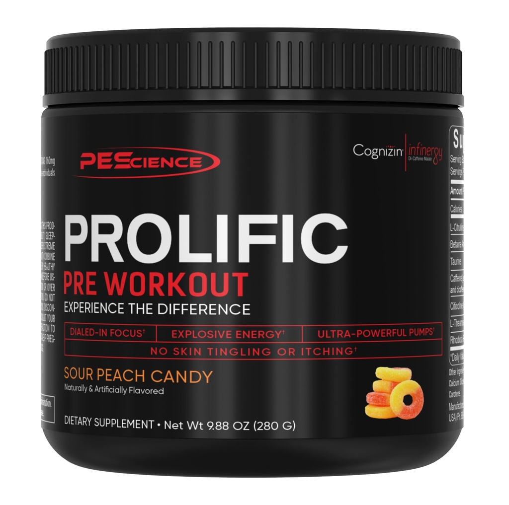 PEScience Prolific Pre Workout Powder para Hombres con L-Citrulline Nitric Oxide Booster, Energía Powder " Nootropic for Focus – Preworkout Sin Beta Alanine – 40 Scoops, Sour Peach Candy