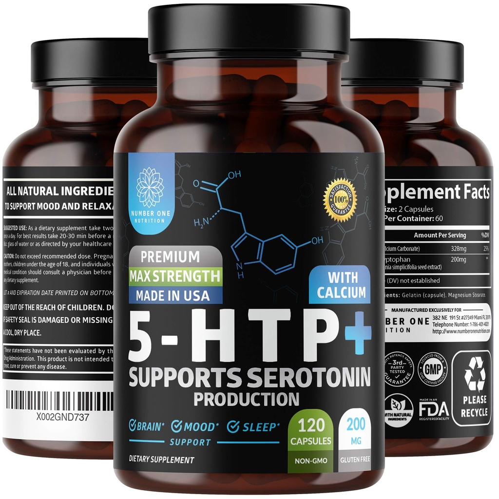 N1N Premium 5-HTP 200mg Plus Calcium, Hecho de Griffonia Seed Extracto, No GMO y Gluten Gratis, 120 Caps