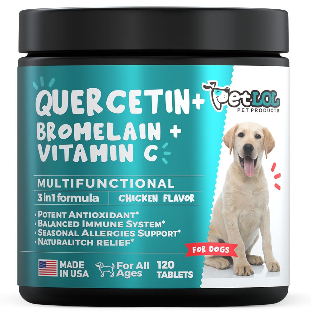 Quercetina para perros con bromelaina " Vitamina C - Alergía " Itch Relief, Immune " Inflammatory Support - 120 Chewable Tablets Made in USA