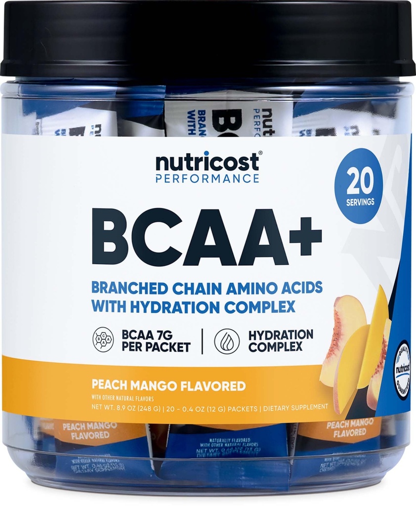 Nutricost BCAA+ Hydration Peach Mango Flavor (20 Stickpacks) - Aminoácidos de cadena ramificados con complejo de hidratación - Gluten-Free, Non-GMO