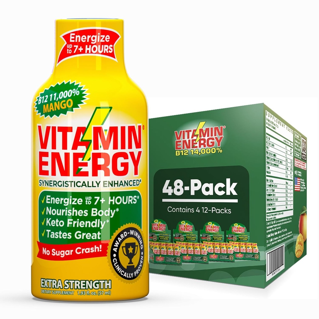 Vitamin Energy B12 11,000% Extra Strength Energy Shot Mango 48 Pack, 260mg Natural Caffeine, B12 &amp; B6, Nootropic Focus, Vitality, Zero Sugar, Gluten-Free, Vegan, Kosher, 1.93 fl oz