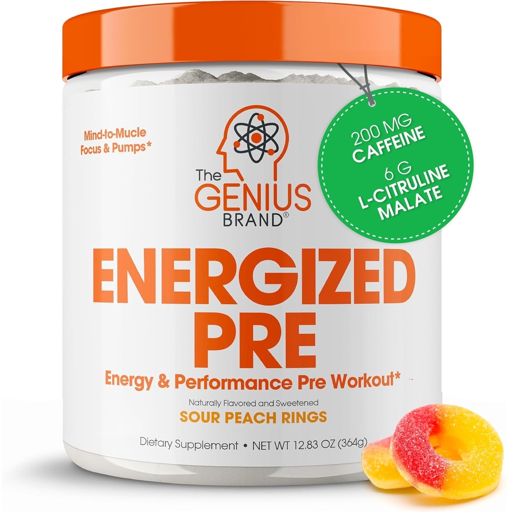 Genius Energized Pre Workout Powder – Caffeine Infused Pre-Workout Booster Suplemento con Beta Alanine &amp; Alpha GPC, Sin Sweeteners artificiales o Dyes - 200mg Caffeine, 20 Servings, Sour Peach Anillos