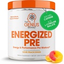 Genius Energized Pre Workout Powder – Caffeine Infused Pre-Workout Booster Suplemento con Beta Alanine &amp; Alpha GPC, Sin Sweeteners artificiales o Dyes - 200mg Caffeine, 20 Servings, Sour Peach Anillos