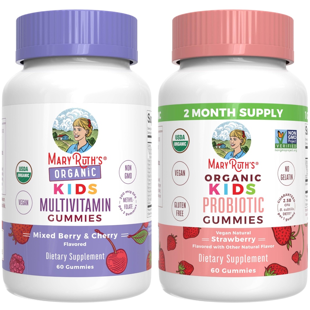 MaryRuth Organics Gummies for Kids–Multivitamin (Mixed Berry & Cherry), " Probiotic (Strawberry)  durable USDA Organic, No Gelatin! Vitaminas para la Inmunidad, Salud Gut, " Wellness general ← Vegan, No GMO