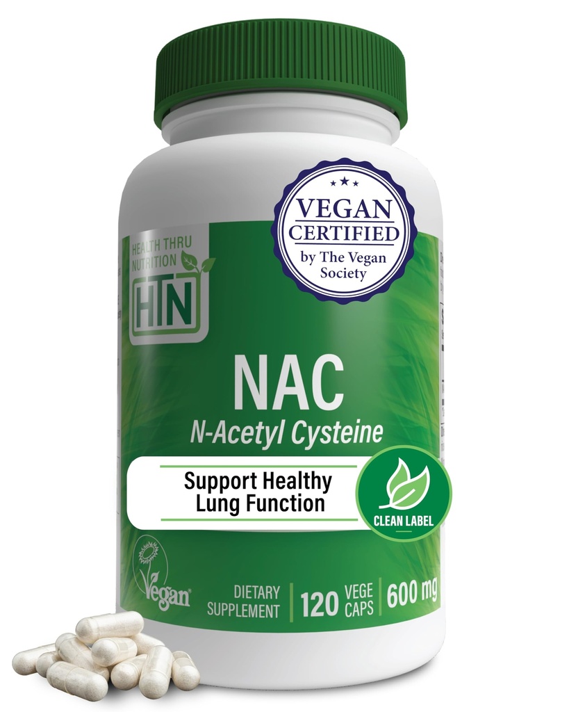 Health Thru Nutrition NAC N-Acetyl-Cysteine 600mg 120 Capsules  Vegan Certified ← Purest NAC Supplement  Support Healthy Lung Liver Functions " Cellular Health ← Non-GMO Soy " Gluten Free