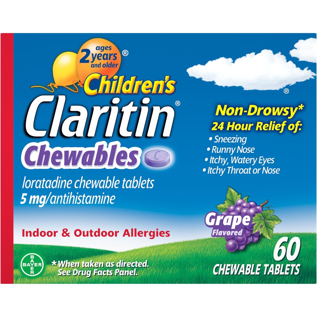 Niños Claritin Chewables 24 HR Children Allergy Medicine, Grape, 60 Cuenta