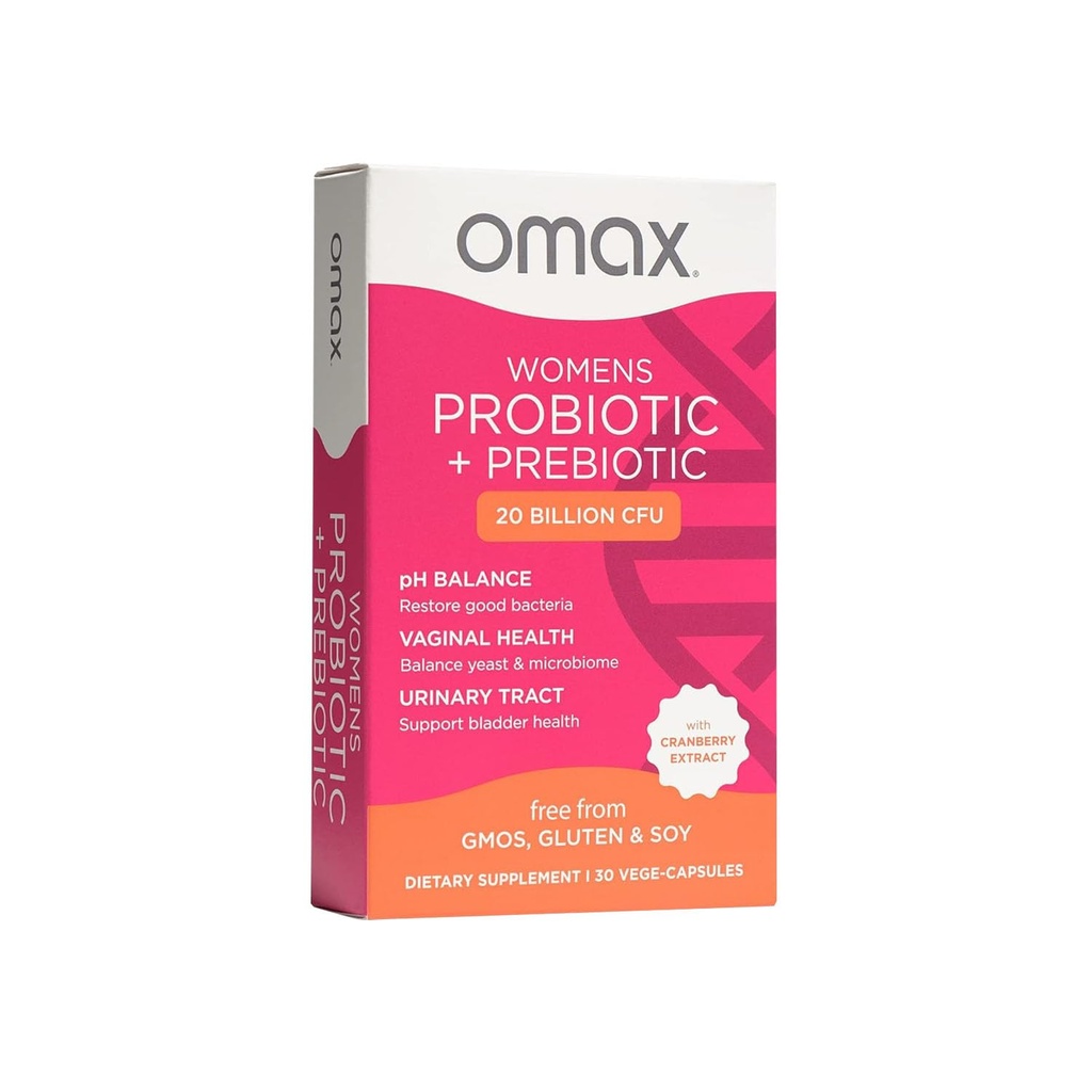 Complejo de Prebióticos y Probióticos de Salud Omax para Mujeres, Equilibrio de PH, Salud de Vag, Urinary Tract, Yeast & BV Prevention, Lactobacillus " Bifidobacterium TEN Vegan, Orgánica, Gluten Free TEN 30 Vege-Capsules