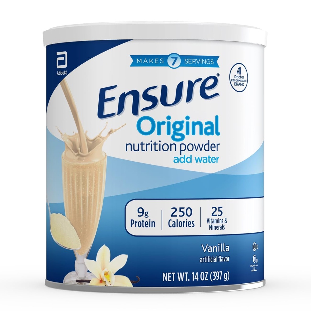 Asegurar el polvo de nutrición original con 9g de proteína por servicio, vainilla, 14 onzas