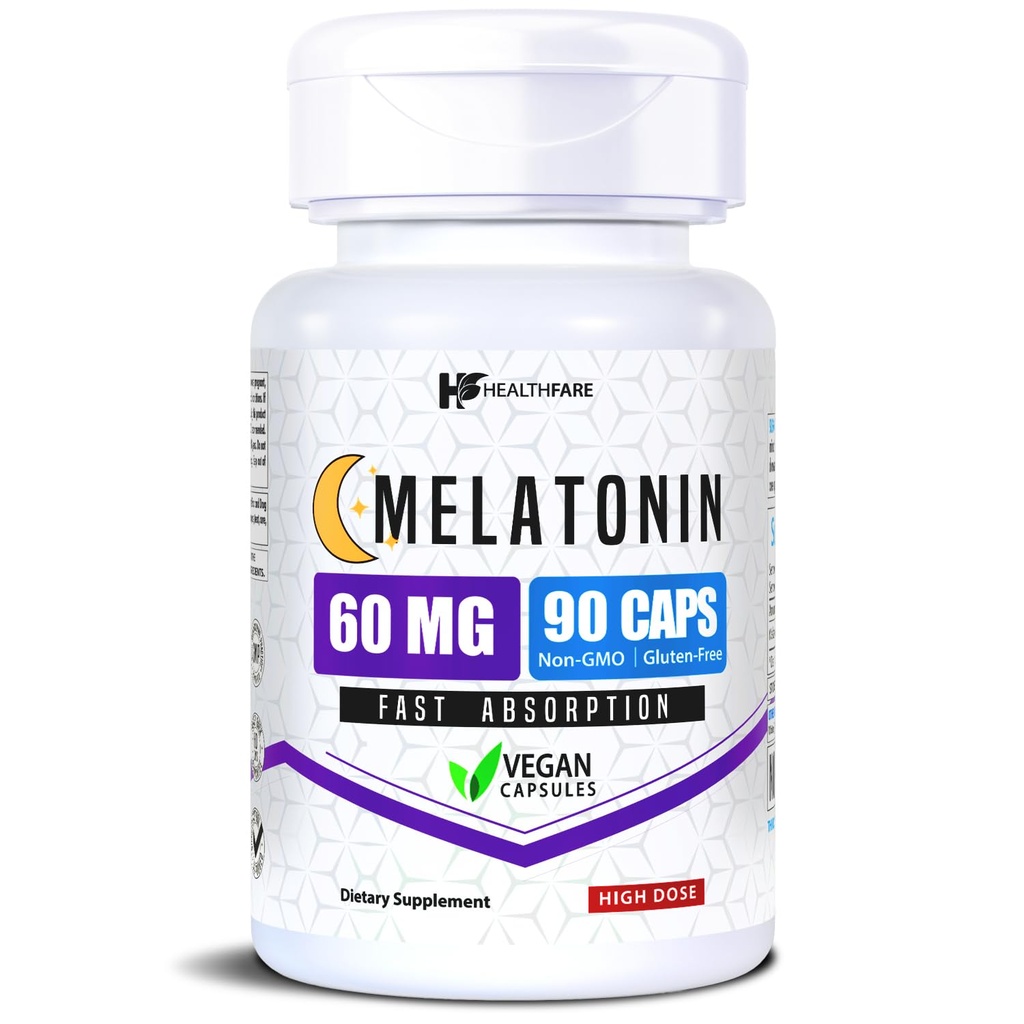 Healthfare Melatonin 60mg  90 Veg Capsules ← High-Strength Formula ← Vegetarian, Non-GMO, Gluten-Free Silencio Made in The USA
