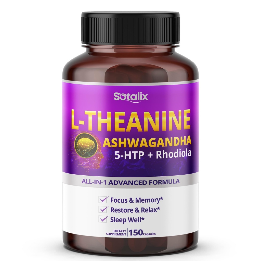Sotalix L-Theanine Suplemento con Ashwagandha 5-HTP + Rhodiola - Focus " Memory, Restore " Relax, Sleep Quality - USA Hecho " Tested (150 Cuentas)